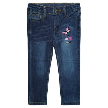 KIDSCOOL SPACE Little Girls Jeans,Elastic Band Inside Embroidered Butterfly Stretchy Soft Denim Slim Pants