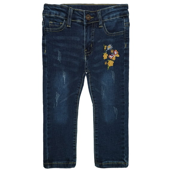 KIDSCOOL SPACE Little Girls Jeans,Elastic Band Inside Embroidered Heart Both Sides Stretchy Soft Denim Slim Pants,5-6 Years