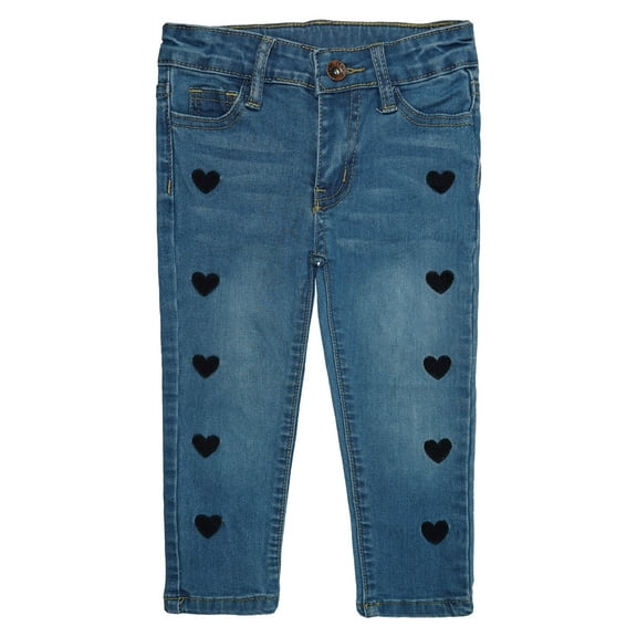 KIDSCOOL SPACE Little Girls Jeans,Elastic Band Inside Embroidered Heart Both Sides Stretchy Soft Denim Slim Pants,DeepBlue,3-4 Years
