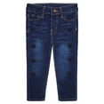 thumbnail image 1 of KIDSCOOL SPACE Little Girls Jeans,Elastic Band Inside Embroidered Heart Both Sides Stretchy Soft Denim Slim Pants,LightBlue,5-6 Years, 1 of 6