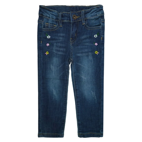 KIDSCOOL SPACE Little Girls Jeans,Elastic Band Inside Embroidered Ripped Stretchy Soft Denim Slim Pants,4-5 Years