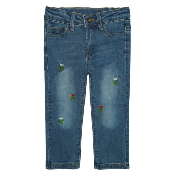 KIDSCOOL SPACE Little Girls Jeans,Elastic Band Inside Embroidered Ripped Stretchy Soft Denim Slim Pants,4-5 Years
