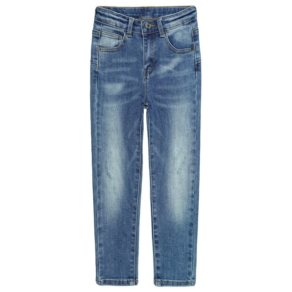 KIDSCOOL SPACE Little Girls Jeans,Elastic Waistband Inside High Strecth Soft Simple Desgin Denim Pants,Light Blue,5-6 Years