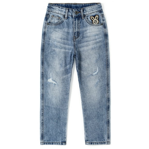 KIDSCOOL SPACE Little Girls Jeans,Elastic Waistband Inside Ripped Holes Soft Denim Pants,Light Blue,5