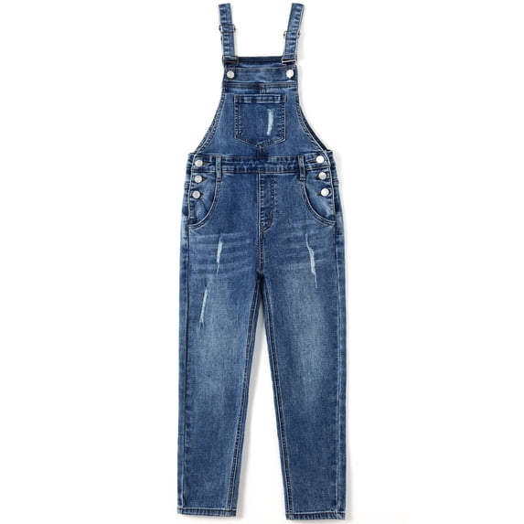 KIDSCOOL SPACE Little Girls Jeans Overalls,Ripped Big Bib Elastic Band Inside Stretchy Soft Denim Jumpsuit,Blue,5-6 Years