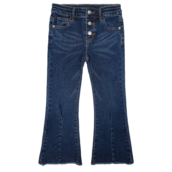 KIDSCOOL SPACE Little Girls Jeans,Raw Edge 3 Buttons Stretchy Bell-bottom Denim Pants,Blue,4-5 Years
