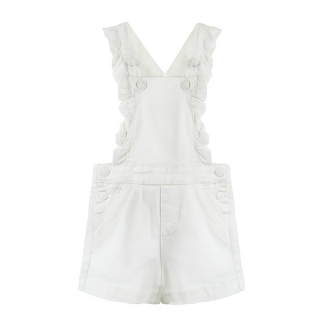 KIDSCOOL SPACE Little Girls Jeans Shorts,Ruffled Adjustable Straps Summer Denim Shortalls,White,4-5 Years