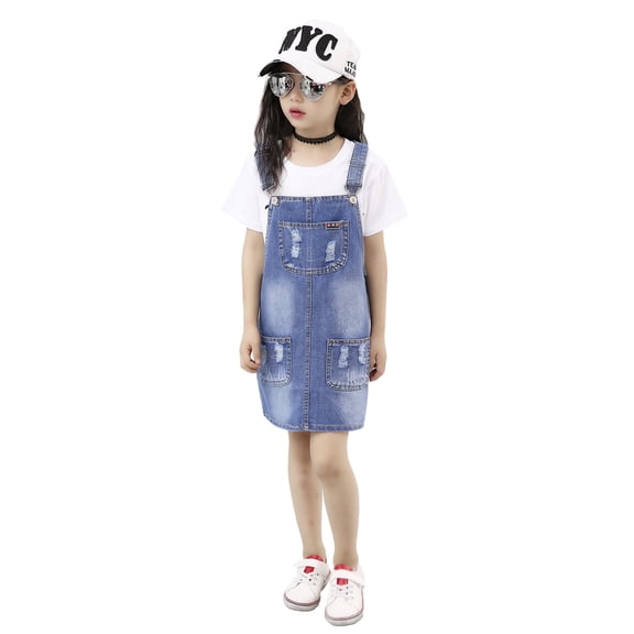 KIDSCOOL SPACE Little Girls Ripped Adjustable Denim Jean Overall Pinafore Dress,12-13 Years