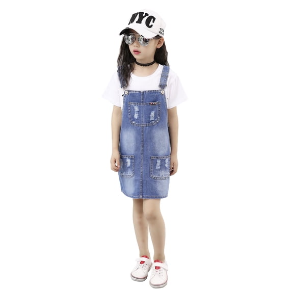 KIDSCOOL SPACE Little Girls Ripped Adjustable Denim Jean Overall Pinafore Dress,14-15 Years