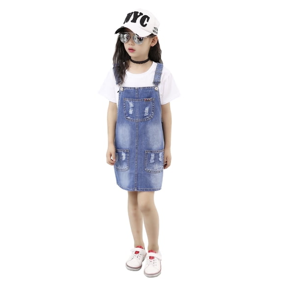 KIDSCOOL SPACE Little Girls Ripped Adjustable Denim Jean Overall Dress,3-4 Years
