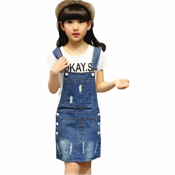 KIDSCOOL SPACE Girls Denim Overall Skirts,Little Girls Soft Stretchy Jeans Overall Dress,Deep Blue,3-4 Years