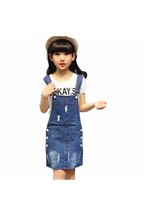 Girls Denim Overall Skirts,Little Girls Soft Stretchy Jeans Overall Dress,Deep Blue,5-6 Years