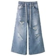 thumbnail image 1 of KIDSCOOL SPACE Little Girls Ripped Denim Pants, 5-14T Wide-leg Loose Elastic Waist with String Flared Jeans,Light Blue,5-6 Years, 1 of 8
