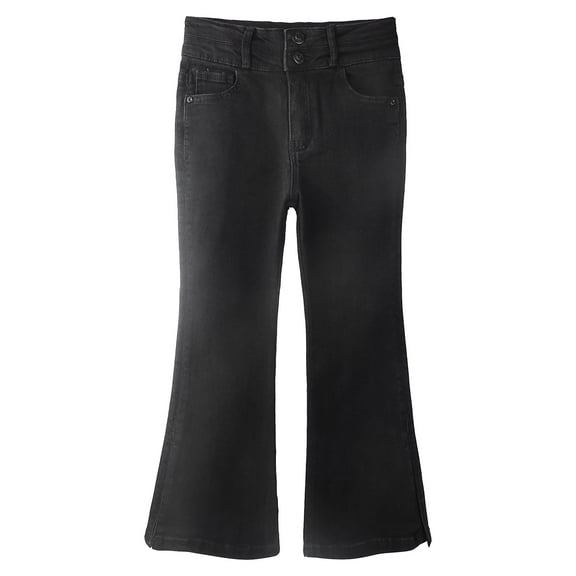 KIDSCOOL SPACE Little Girls Stretchy Denim Flare Jeans, 5-14T Double-layer Waistband Bell-bottom Split Hem Pants,Black,6-7 Years