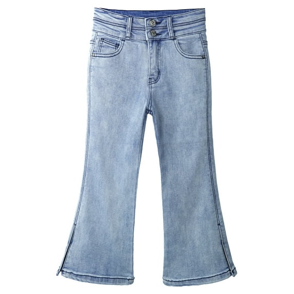 KIDSCOOL SPACE Little Girls Stretchy Denim Flare Jeans, 5-14T Double-layer Waistband Bell-bottom Split Hem Pants,Light Blue,6-7 Years