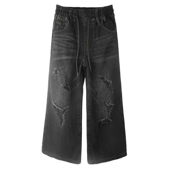 KIDSCOOL SPACE Little Girls Wide-leg Colored Denim Jeans, 5-14T Loose Elastic Waist with String Ripped Flared Pants,Black,5-6 Years