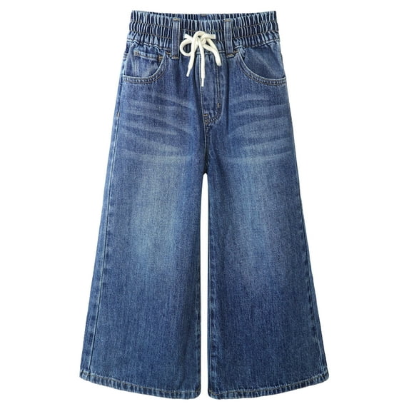 KIDSCOOL SPACE Little Girls Wide-leg Denim Pants, 5-14T Loose Elastic Waist with String Flared Jeans Bottoms,Mid Blue,4-5 Years