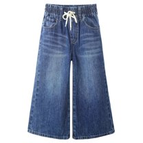 KIDSCOOL SPACE Little Girls Wide-leg Denim Pants, 5-14T Loose Elastic Waist with String Flared Jeans Bottoms,Mid Blue,4-5 Years