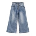 thumbnail image 1 of KIDSCOOL SPACE Little Girls' Wide-leg Jeans,3 Buttons Front Elastic Band InsideSimple Design Flared Denim Pants,Light Blue,8-9 Years, 1 of 6