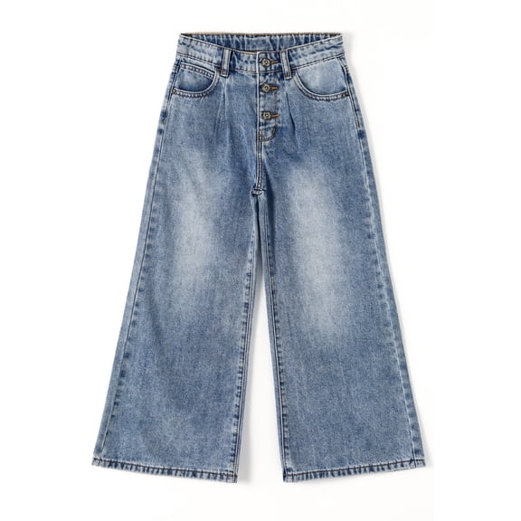 KIDSCOOL SPACE Little Girls' Wide-leg Jeans,3 Buttons Front Elastic Band InsideSimple Design Flared Denim Pants,Light Blue,8-9 Years