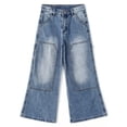 thumbnail image 1 of KIDSCOOL SPACE Little Girls' Wide-leg Jeans, Elastic Band Inside Big Patchwork Flared Denim Pants,Light Blue,6-7 Years, 1 of 6