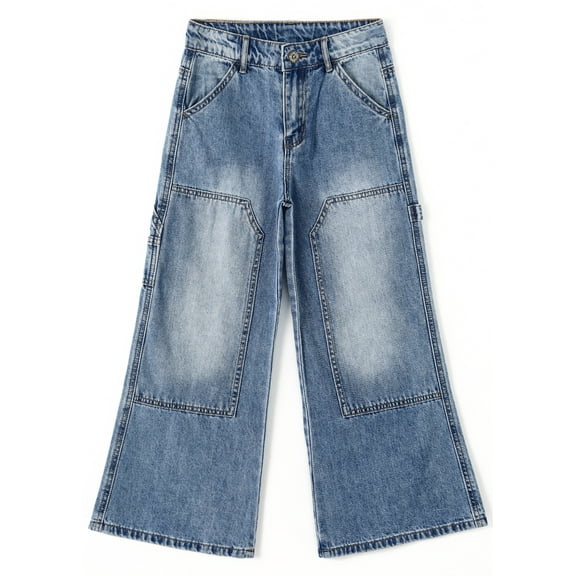 KIDSCOOL SPACE Little Girls' Wide-leg Jeans, Elastic Band Inside Big Patchwork Flared Denim Pants,Light Blue,6-7 Years