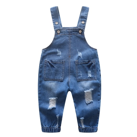 KIDSCOOL SPACE Baby Toddler Ripped Denim Jumpsuit, Cute 4 Pockets Elastic Legs Overalls,Blue,3-4 Years