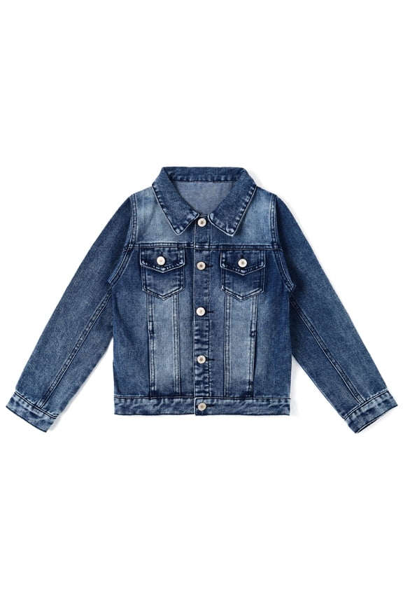 Little Kid Simple Jean Jacket, Stone Washed Soft Denim Coat Outfit,Deep Blue,5-6 Years