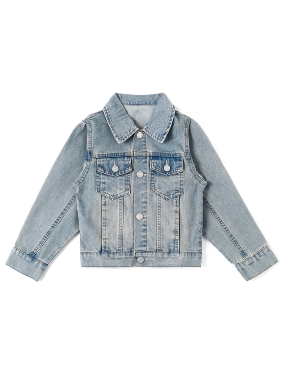 Little Kid Simple Jean Jacket, Stone Washed Soft Denim Coat Outfit,Light Blue,8-9 Years
