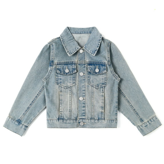 KIDSCOOL SPACE Little Kid Simple Jean Jacket, Stone Washed Soft Denim Coat Outfit,Light Blue,9-10 Years