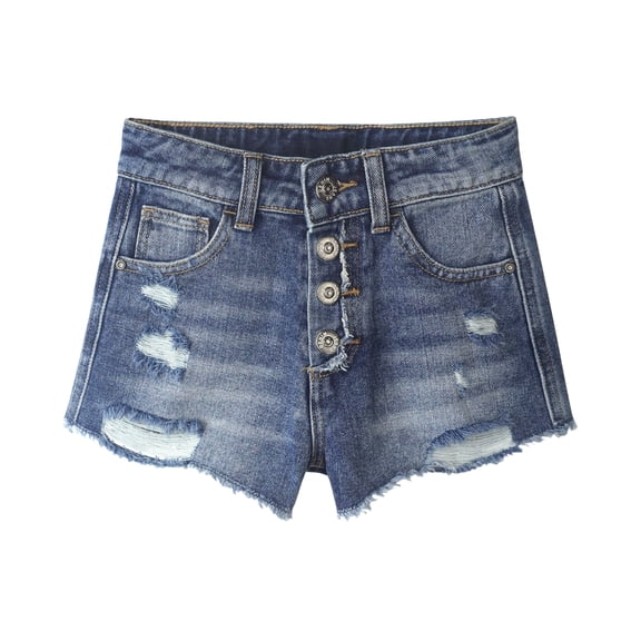 KIDSCOOL SPACE Little girls Denim Shorts,Elastic Band Inside Ripped High-cut Raw Hem Hot Jean Summer Pants,Mid Blue, 6-7 Years