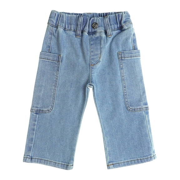 KIDSCOOL SPACE Lttle Girls Cargo Jeans, Boys Elastic Waist with D-ring Loops Stretch Denim Pants,Light Blue,4-5 Years