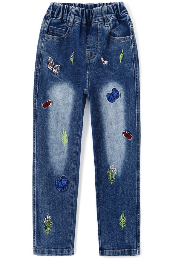 Ruffled Elastic Waist Colorful Button Decor Vertical Pocket Jeans for Girls,6-7 Years
