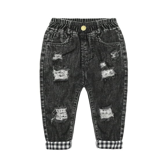KIDSCOOL SPACE Toddler Little Kid Ripped Holes Elastic Waist Plaid Lining Jeans