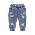 thumbnail image 1 of KIDSCOOL SPACE Toddler Little Kid Ripped Holes Elastic Waist Plaid Lining Jeans, 1 of 5