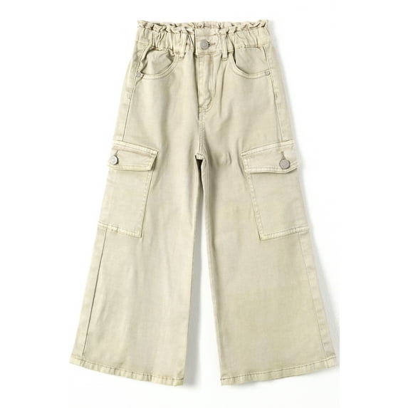 KIDSCOOL SPACE Various Colors Toddler & Big Child Wide-leg Cargo Jeans, 18M-14T Ribbed Waist Denim Pants,Beige,9-10 Years