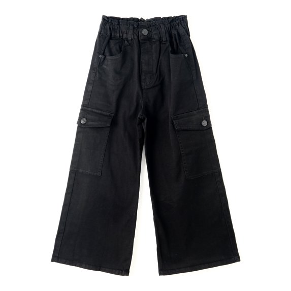 KIDSCOOL SPACE Various Colors Toddler & Big Child Wide-leg Cargo Jeans, 18M-14T Ribbed Waist Denim Pants,Black,9-10 Years