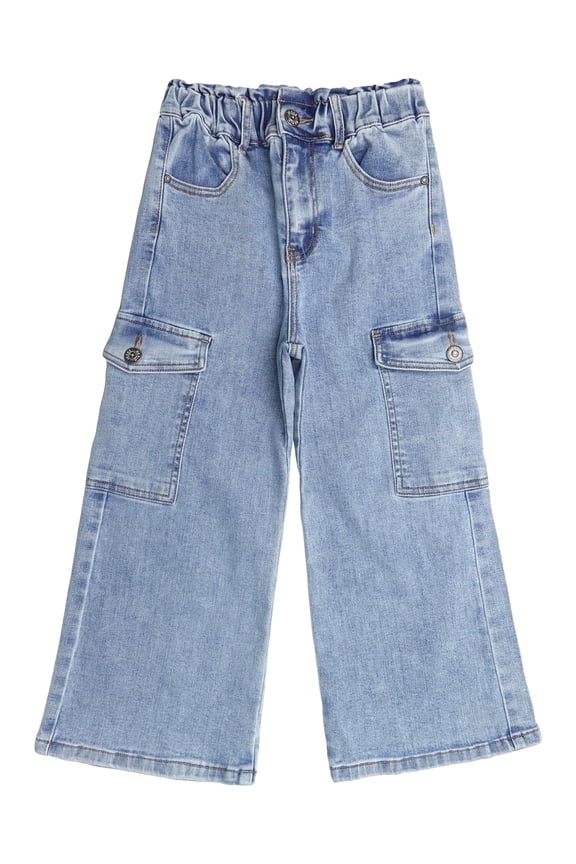 Various Colors Toddler & Big Child Wide-leg Cargo Jeans, 18M-14T Ribbed Waist Denim Pants,Light Blue,18-24 Months