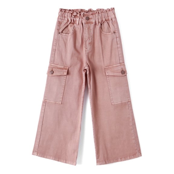 KIDSCOOL SPACE Various Colors Toddler & Big Child Wide-leg Cargo Jeans, 18M-14T Ribbed Waist Denim Pants,Pink,13-14 Years