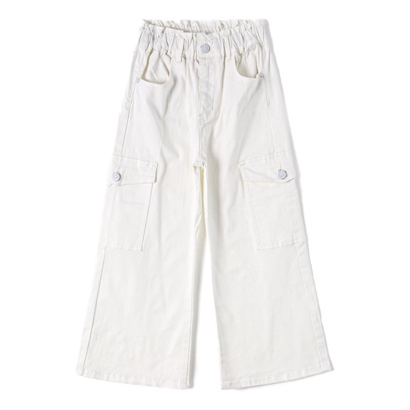 KIDSCOOL SPACE Various Colors Toddler & Big Child Wide-leg Cargo Jeans, 18M-14T Ribbed Waist Denim Pants,White,4-5 Years