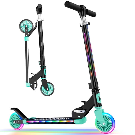 KIDSCOTER 2 Wheel Scooter for Kids 3-12, Light Up Wheels & LED Stem Kick Scooter, Height Adjustable & Foldable Design, Lightweight Sport Scooter for Girls Boys with Kickstand,Green