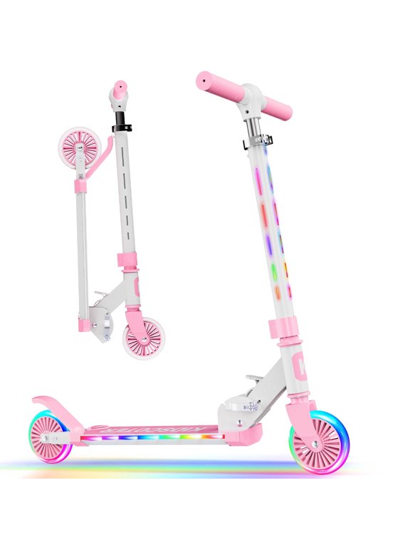 2 Wheel Scooter for Kids 3-12, Light Up Wheels & LED Stem Kick Scooter, Height Adjustable & Foldable Design, Lightweight Sport Scooter for Girls Boys with Kickstand,Pink