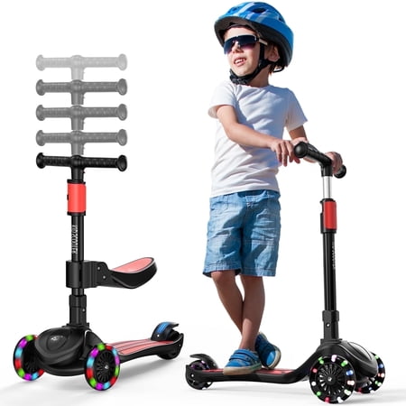 KIDSCOTER 2-in-1 Kick Scooter for Kids 3-12, Adjustable Handlebar & Seat, LED Wheels, Foldable - Black
