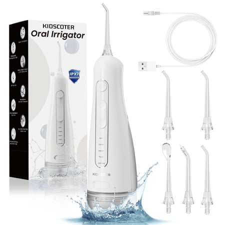 KIDSCOTER 300ML Water Flosser, 5 Modes 5 Tips,Detachable Tank, IPX7 Waterproof, White