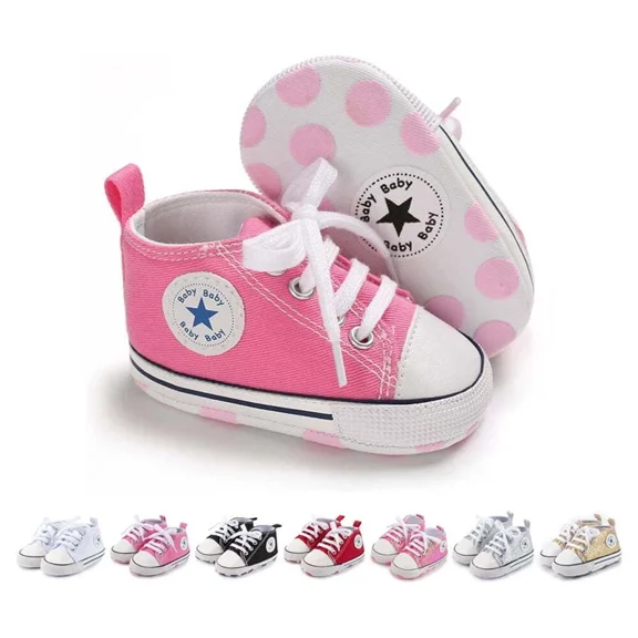 Unisex Baby High Top Sneaker, Soft Anti-Slip Sole, Canvas & Denim, Newborn Infant