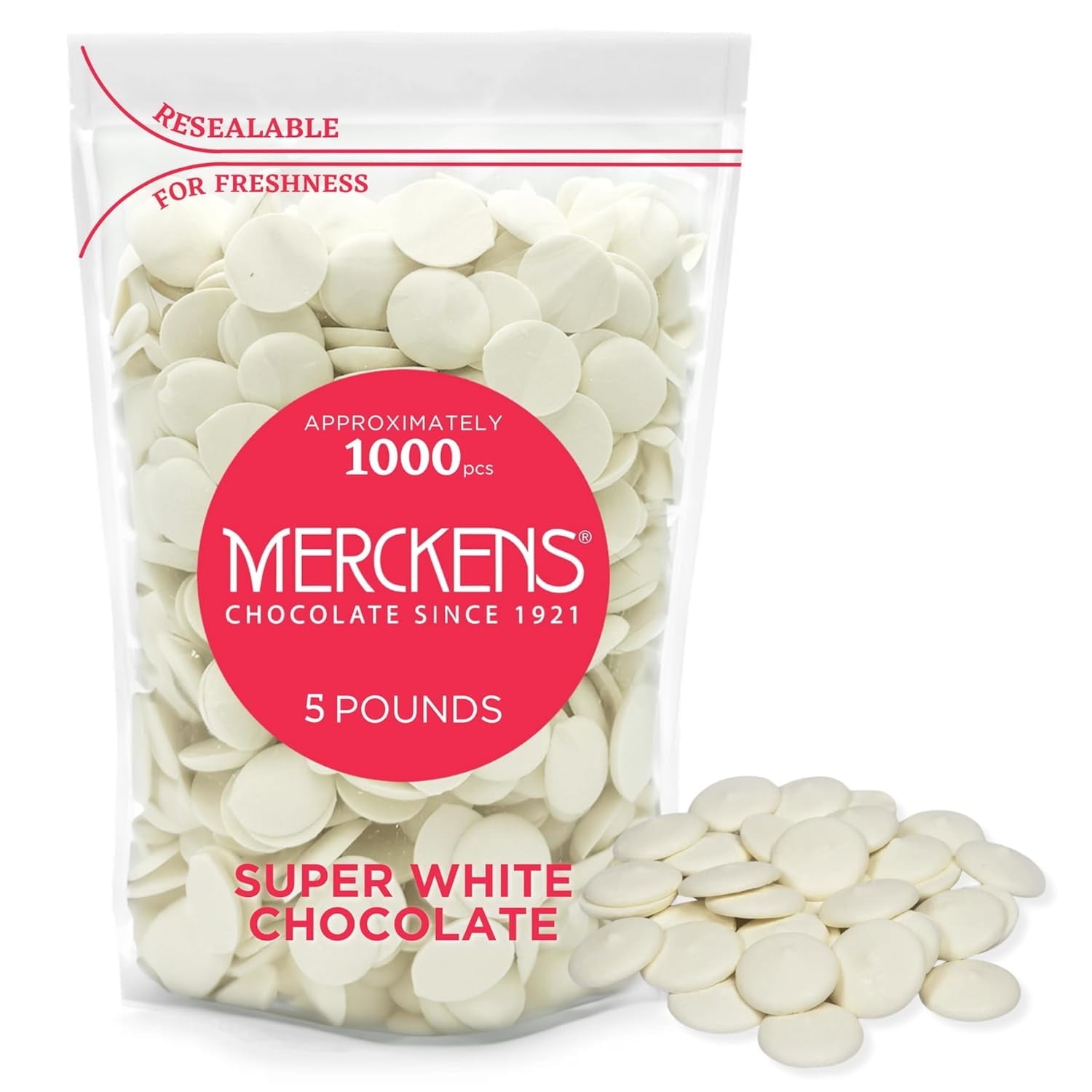 KIDU Merckens Chocolate Melting Wafers Bulk Bag Perfect For Valentine's Day, for Dipping, Deserts, Baking And More (Super White, 5 Pound)