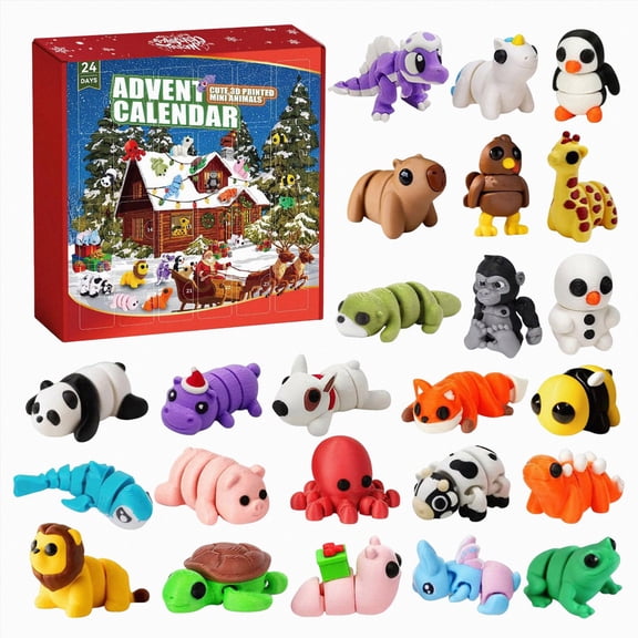 KIDoh 2026 3D Printed Mini Animal Advent Calendar, 24 Days of 2D Acrylic Christmas Ornaments, Countdown Gift for Animal Collectors Kids