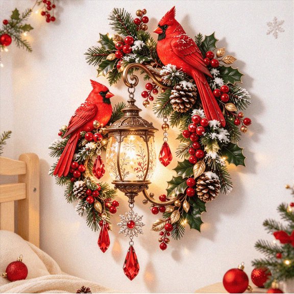 KIDoh Cardinal Christmas Lantern Glow, Glow Bird Lamp, Resin LED Snow Globe that Lights Up as a for Mom with Red Bird Keepsake and Wreath for Home Tabletop or Wall