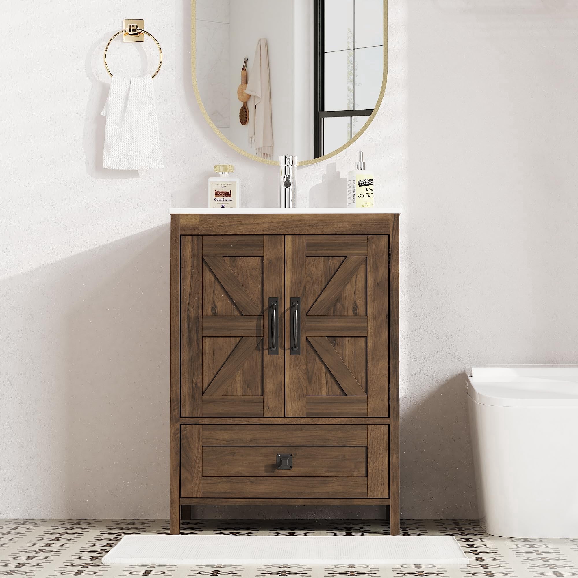 KIGOTY 24" Modern Bathroom Vanity with Ceramic Basin, Free Standing Bathroom Storage Cabinet with with 2 Soft-Closing Doors and 1 Drawer, Brown