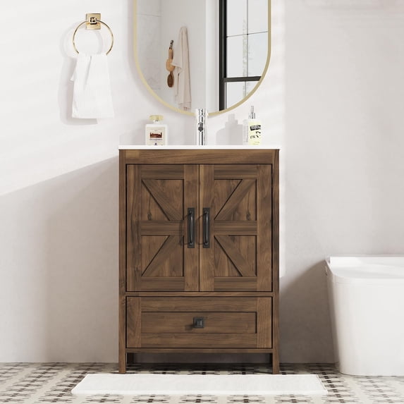 KIGOTY 24" Modern Bathroom Vanity with Ceramic Basin, Free Standing Bathroom Storage Cabinet with with 2 Soft-Closing Doors and 1 Drawer, Brown